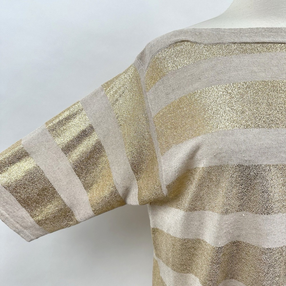 Chico's Linen Blend Gold Stripe Sweater Size 1 Medium Gold Oatmeal Boat Neck Top - Picture 4 of 11